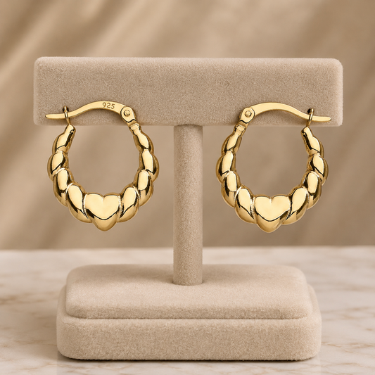 Heart Creole Hoop Earrings 18ct Gold on Sterling Silver 925 Hallmark
