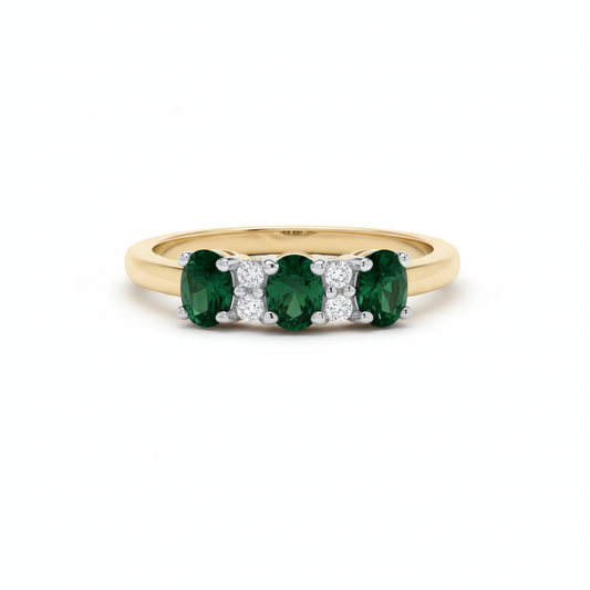 Emerald Three Stone Trilogy Ring 18ct Gold on Solid Sterling Silver Size K-S