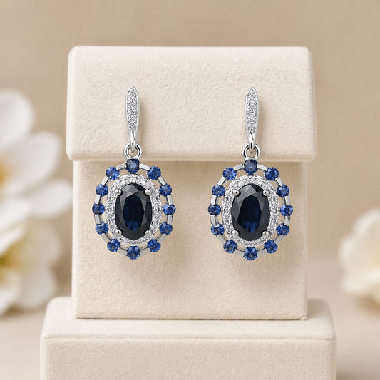 Natural Sapphire and Diamond Earrings Solid 9ct White Gold Oval Drops Hallmarked