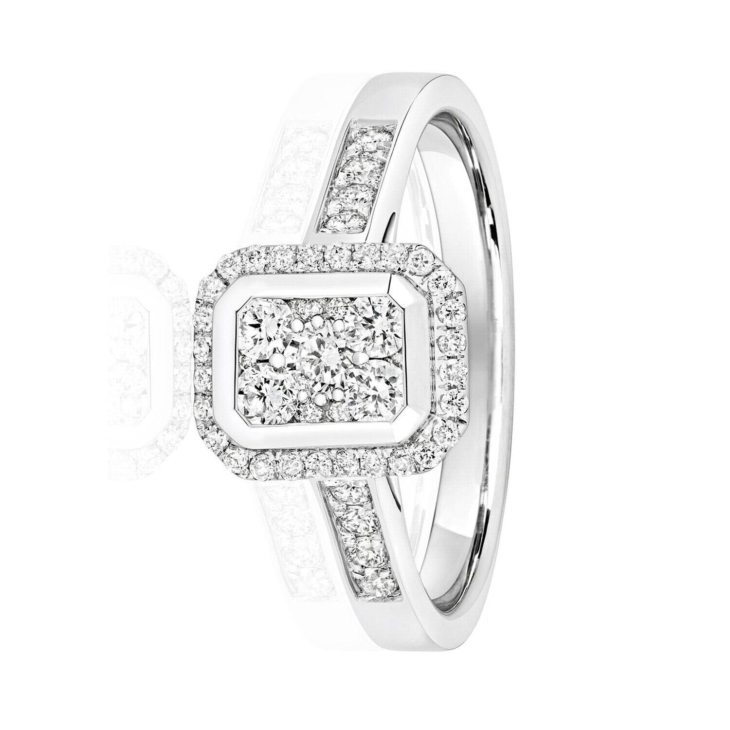 Real Diamond Ring 9ct White Gold Square Rectangular Cluster 0.50 Carat Weight
