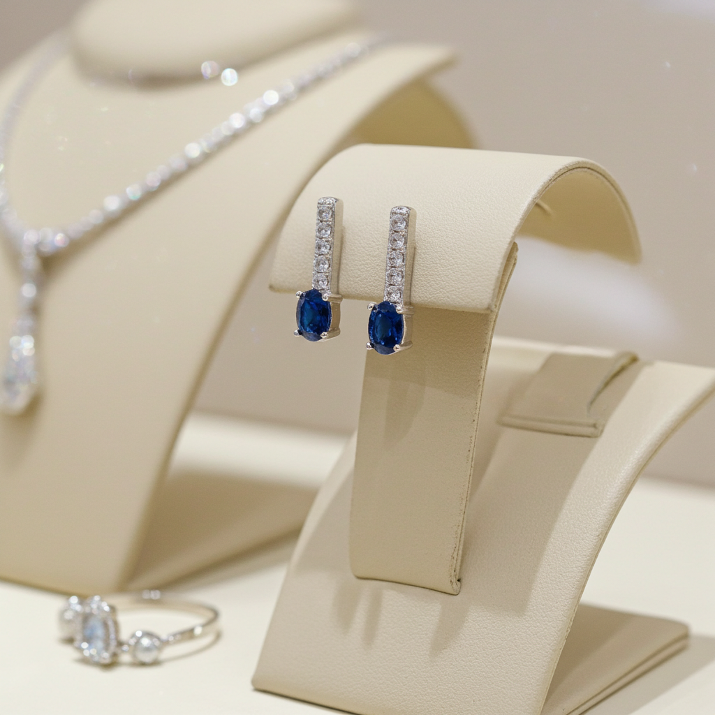 Sapphire Drop Stud Earrings Solid Sterling Silver 925 Hallmark Rhodium Finish