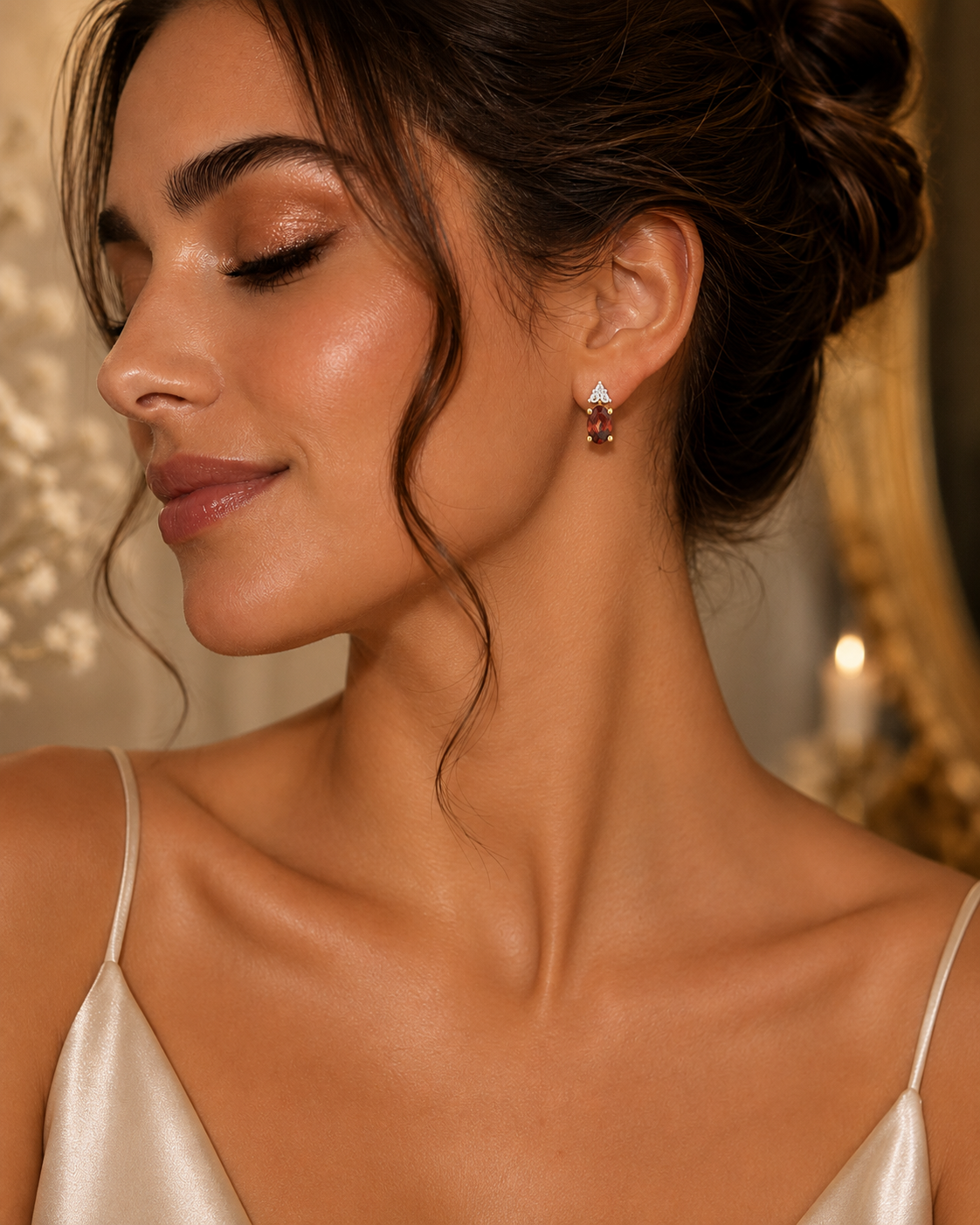 Yellow Gold Natural Garnet & Diamond Accent Oval Stud Earrings