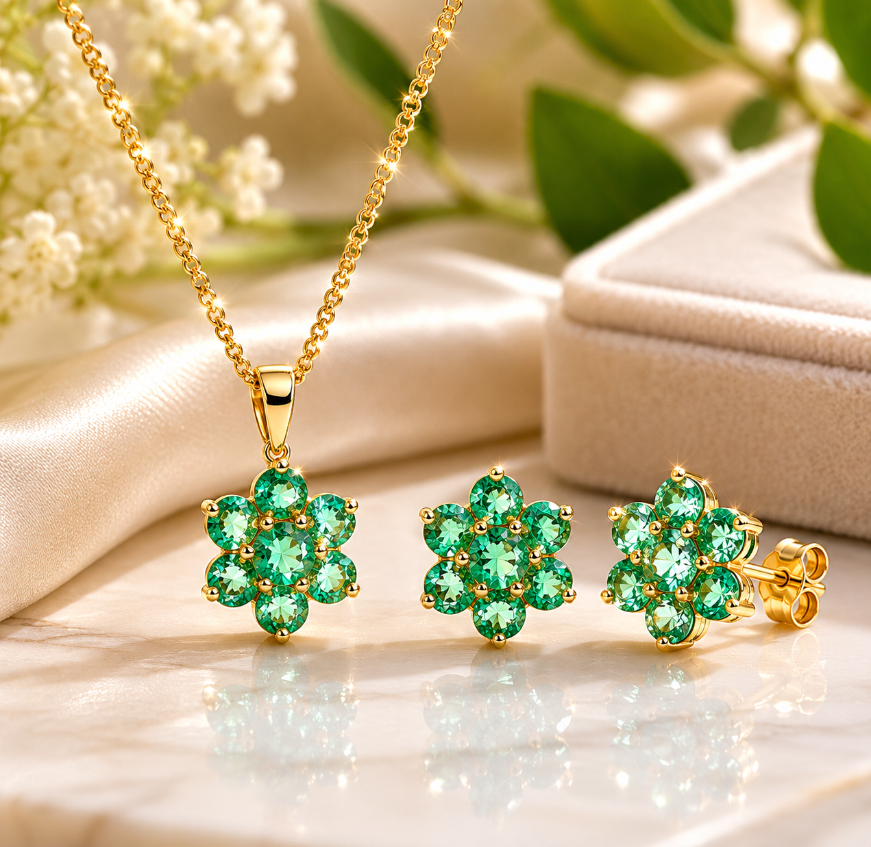 Natural Emerald Jewellery Set Yellow Gold Pendant Necklace & Stud Earrings