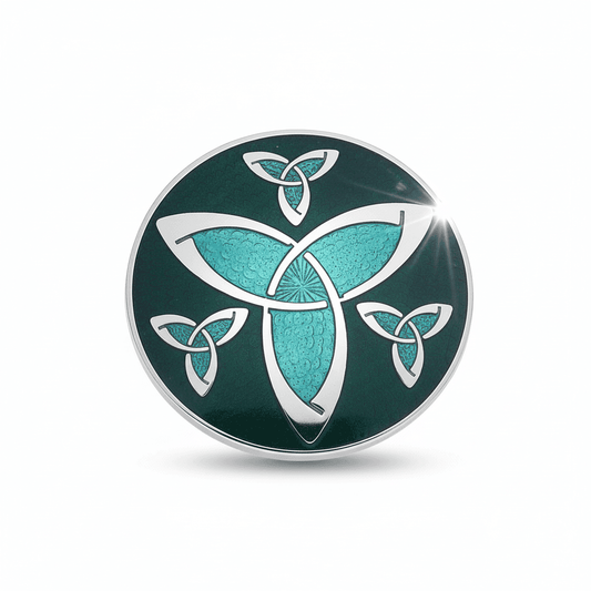 Celtic Trinity Knots Brooch Green Silver Plated Brand New Gift Packaging