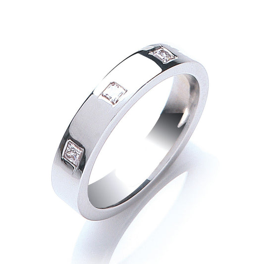Diamond 4mm Flat Court Wedding Band 3 Princess Cut Diamonds 0.33ctw White Gold