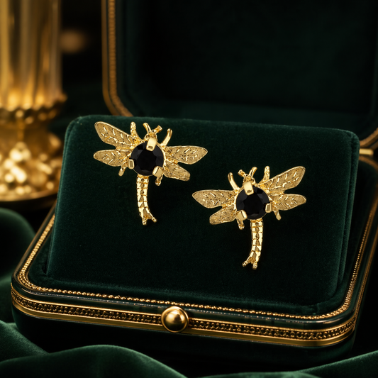 Natural Sapphire Dragonfly Stud Earrings 9ct Yellow Gold Hallmarked