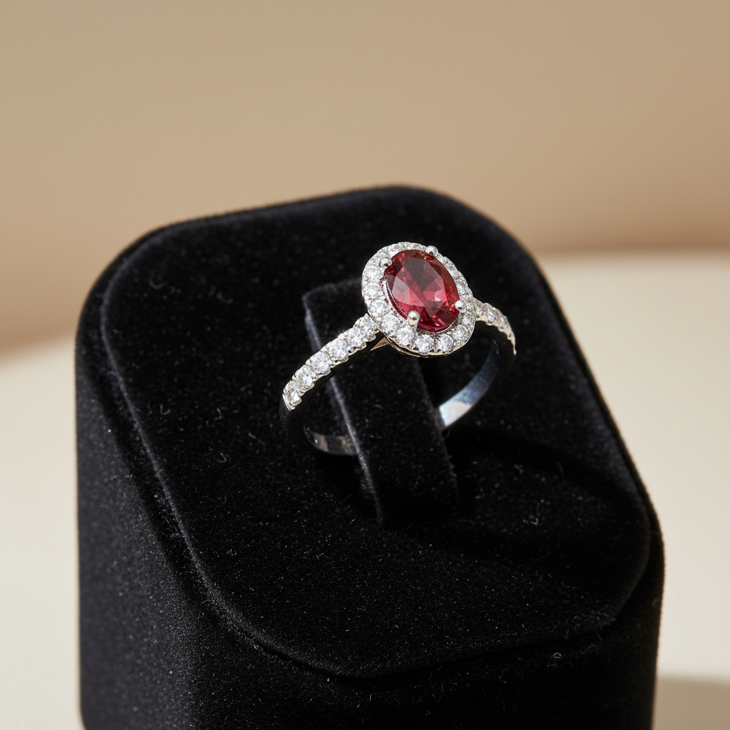 Sterling Silver Ruby Ring Oval Halo Engagement 925 Hallmark Size K-S