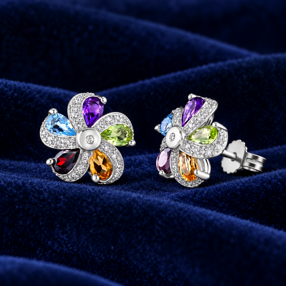 Multi Gemstone Flower Earrings Real Diamond 9ct White Gold Stud