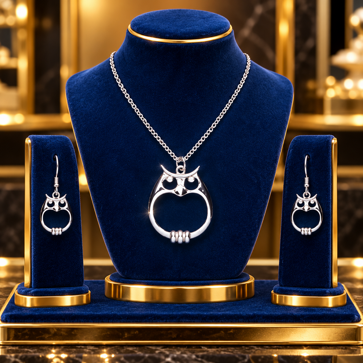 Sterling Silver Owl Pendant and Matching Earrings Set 925 18" Chain