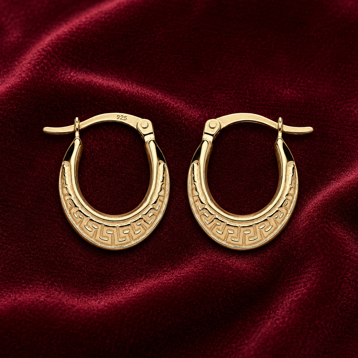 Greek Key Oval Creole Hoop Earrings 18ct Gold on Sterling Silver 925