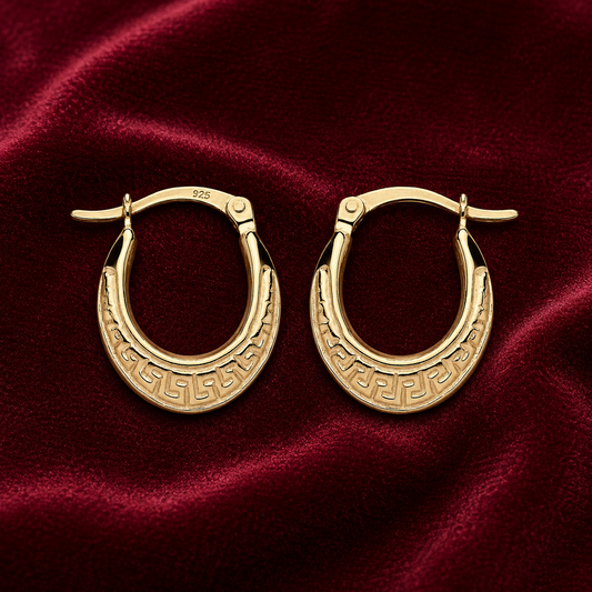 Greek Key Oval Creole Hoop Earrings 18ct Gold on Sterling Silver 925