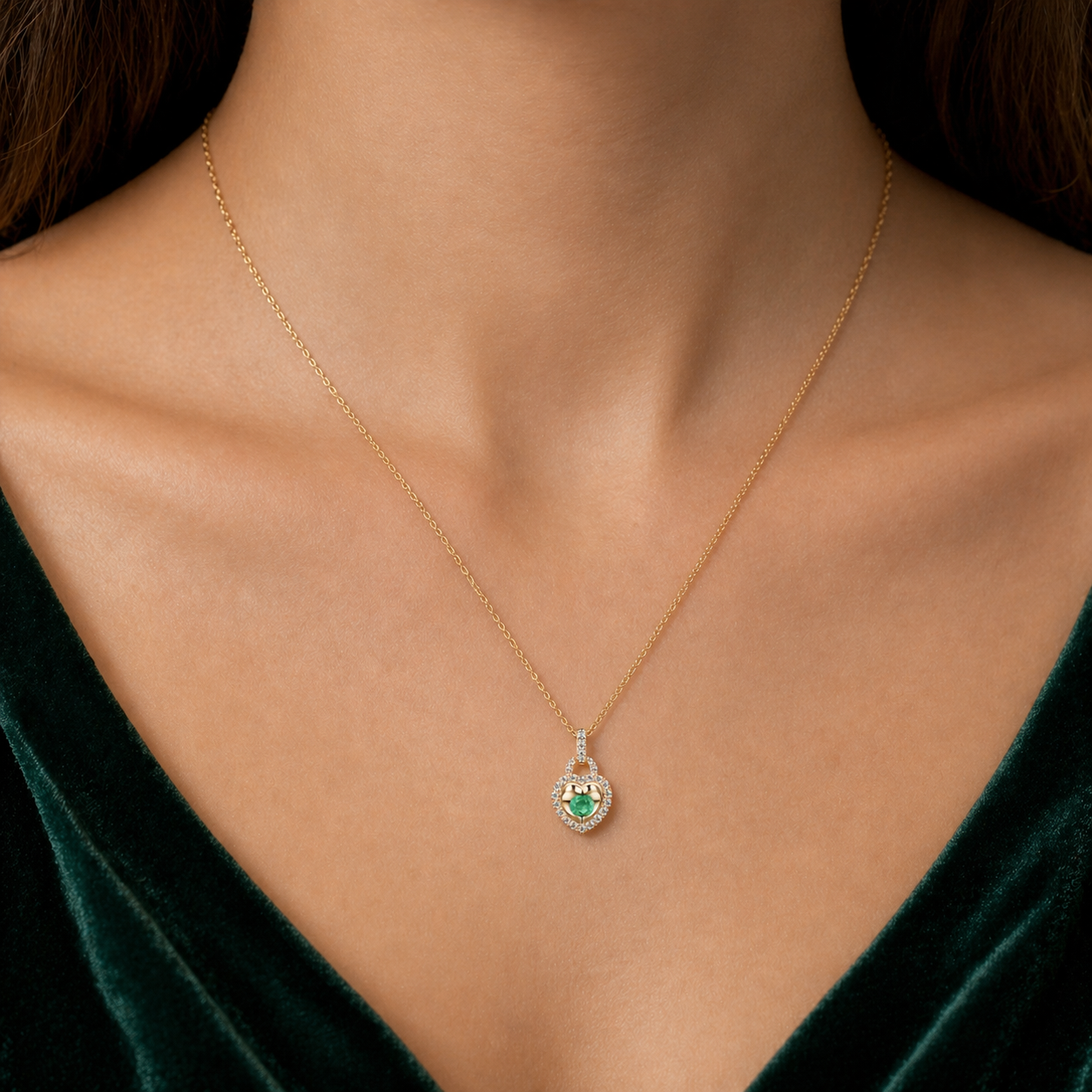 Emerald Heart Necklace With Diamond Solid Yellow Gold 18" 46cm Length Chain