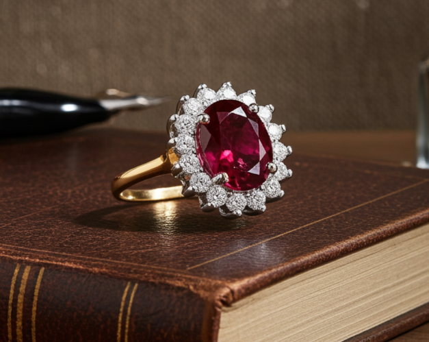 18ct Gold Ruby Cluster Ring on Solid Sterling Silver 925 Hallmark Sizes J-V