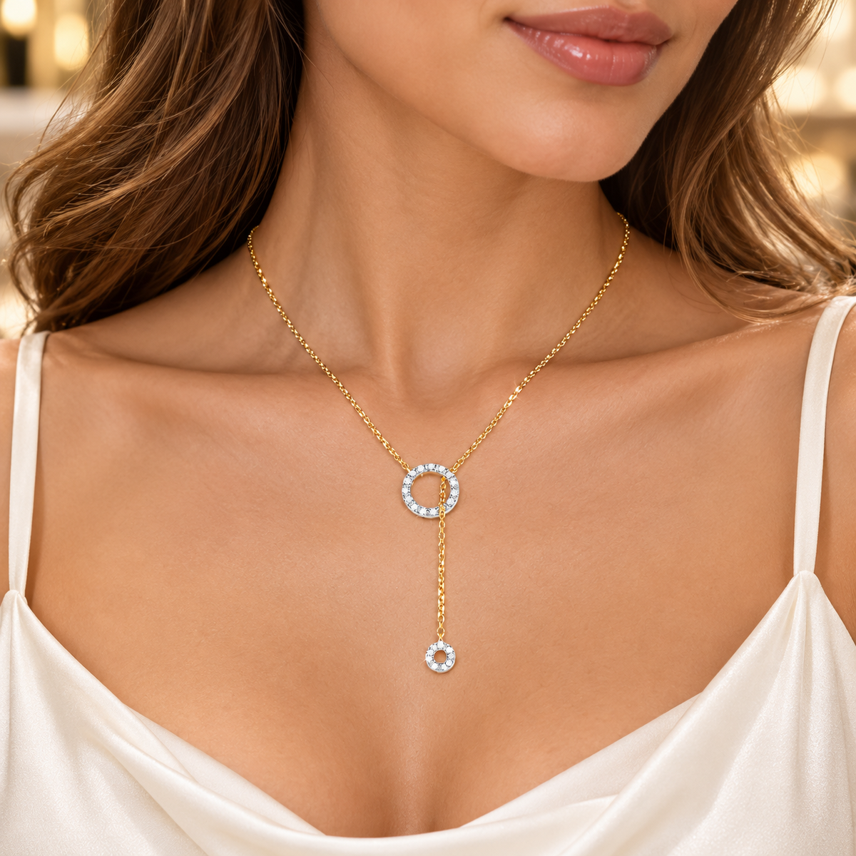 Real Diamond Lariat Necklace Tassel Through Circle of Life 9ct Yellow Gold  18"
