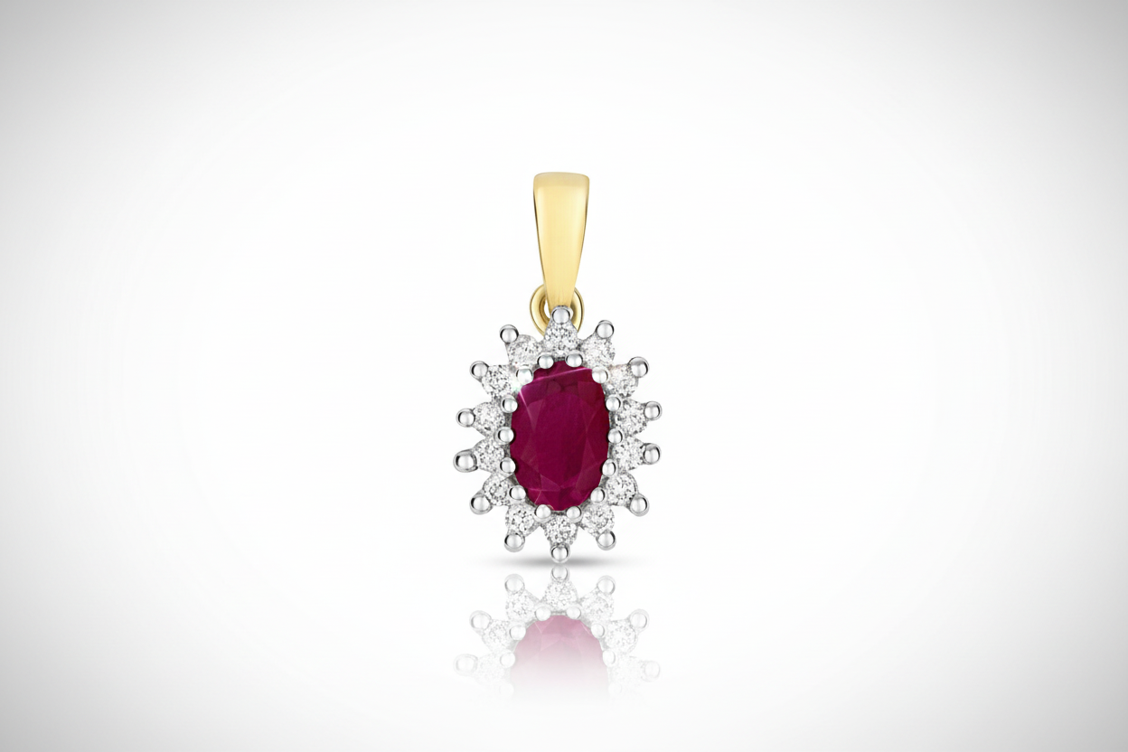 Ruby and Diamond Oval Cluster Pendant Solid 9ct Yellow Gold Real Stones
