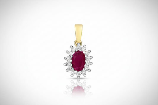 Ruby and Diamond Oval Cluster Pendant Solid 9ct Yellow Gold Real Stones