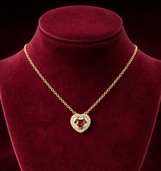 Garnet Heart Necklace With Diamond Solid Yellow Gold 18" 46cm Length Chain