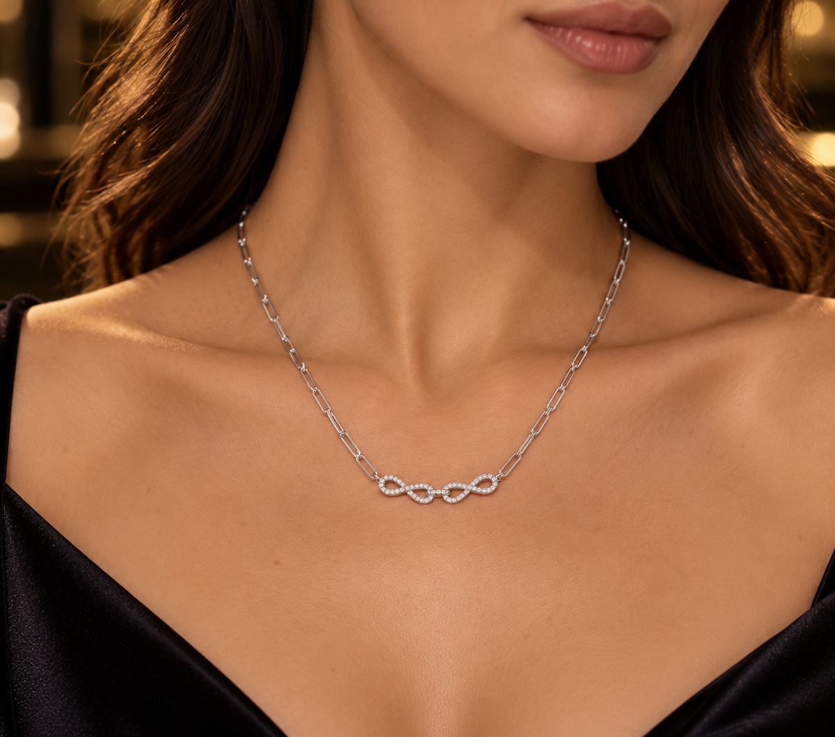 White Gold Infinity Necklace Sparkling Diamond Pendant Paperclip Chain 18"/45cm