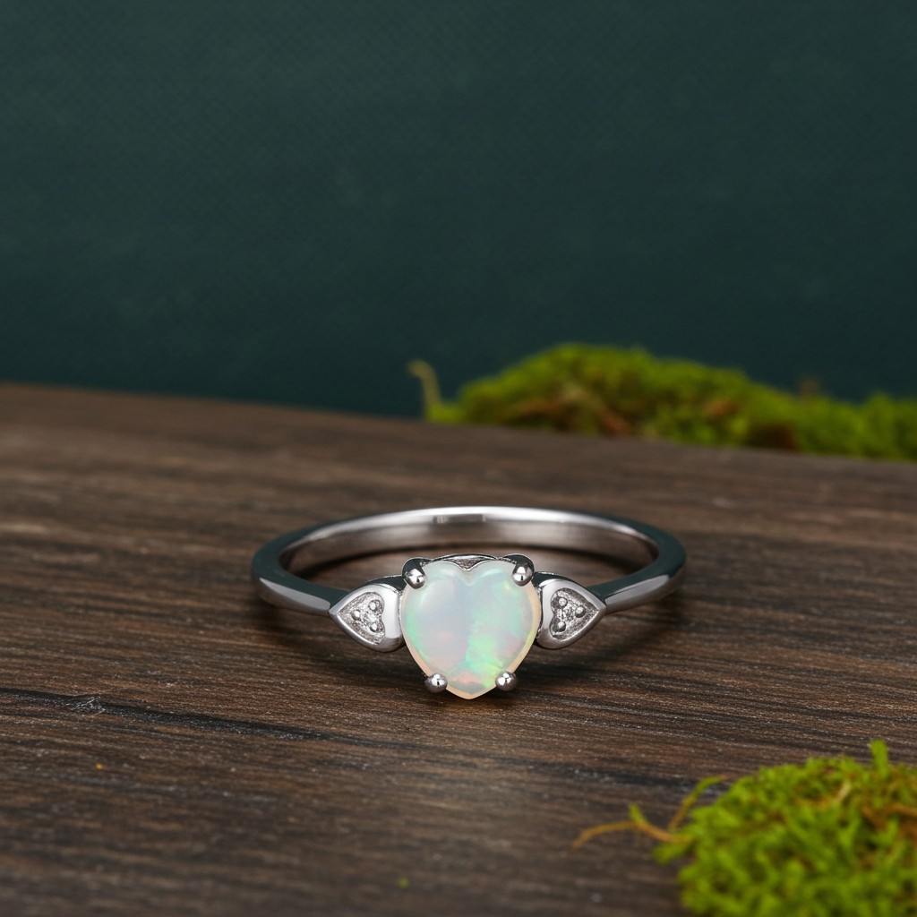 Natural Opal Heart and Diamond Ring Solid Solid Sterling Silver Size J - V