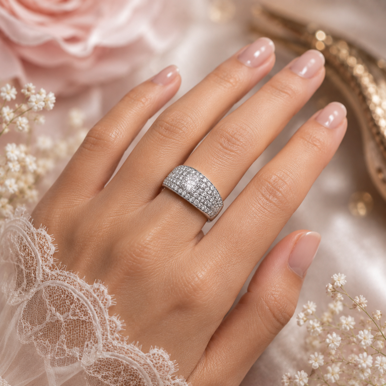 Classic Round Solitaire Ring with Pavé Zircon Band Solid Sterling Silver