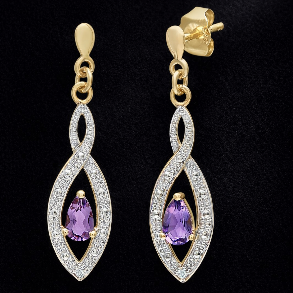 Natural Amethyst and Diamond Earrings Solid 9ct Yellow Gold Drops Hallmarked