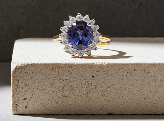 18ct Gold Sapphire Cluster Ring on Solid Sterling Silver 925 Hallmark Sizes J-V