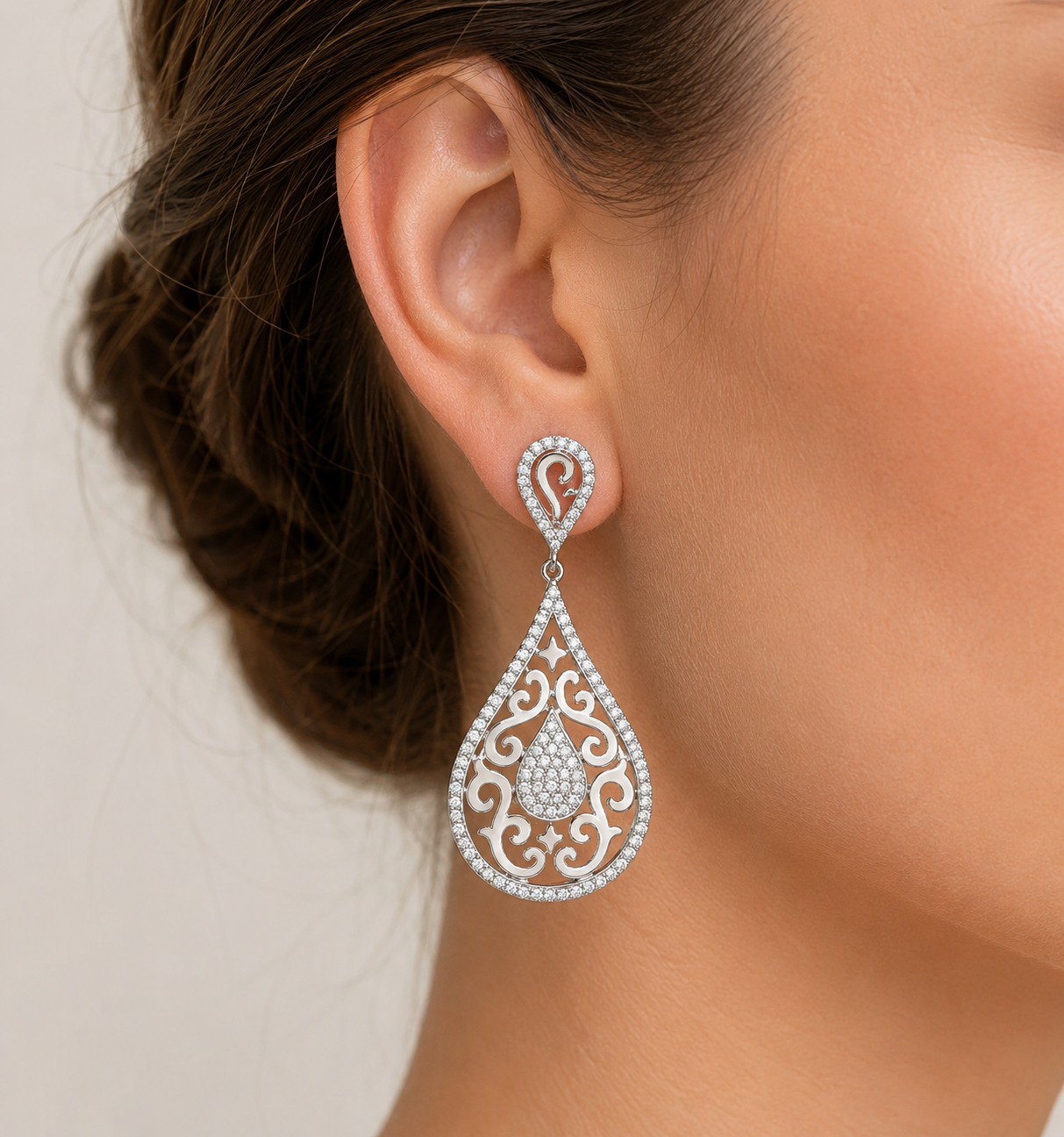 White Gold Diamond Open Filigree Teardrop Dangle Drop Stud Earrings