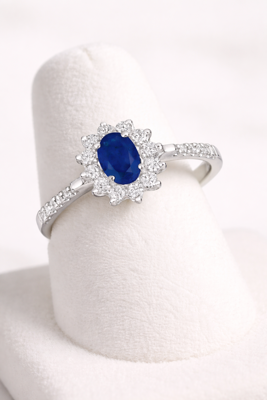 9ct White Gold Sapphire and Diamond Ring Oval Cluster Engagement Size J - Q