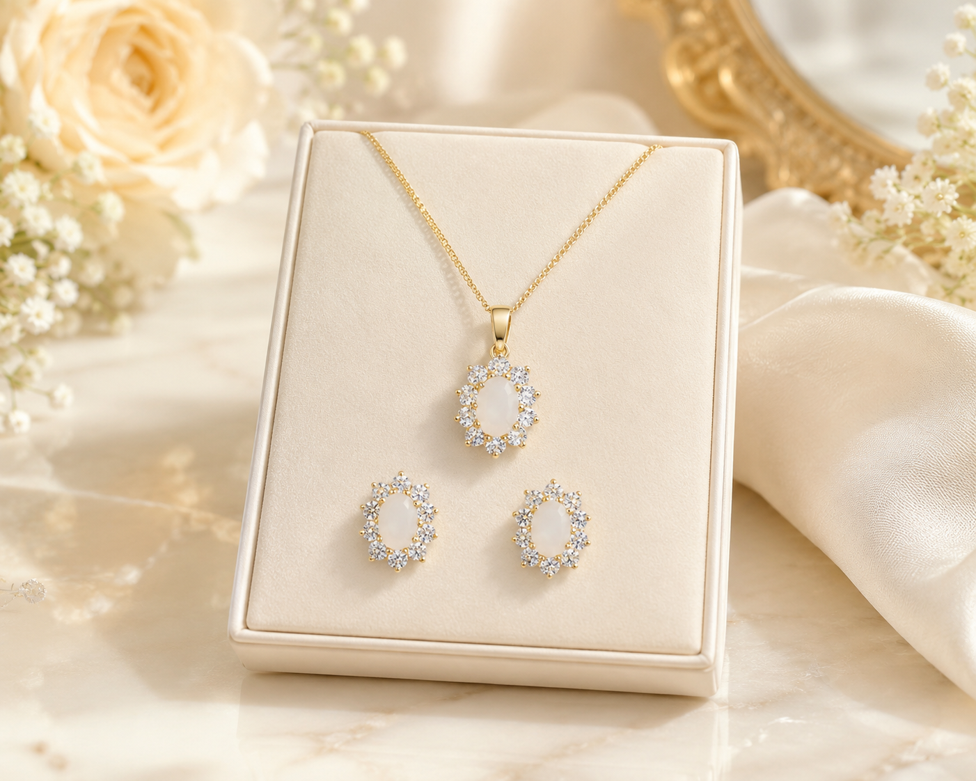 Elegant Opal Jewellery Set in Yellow Gold – Necklace Pendant & Stud Earrings