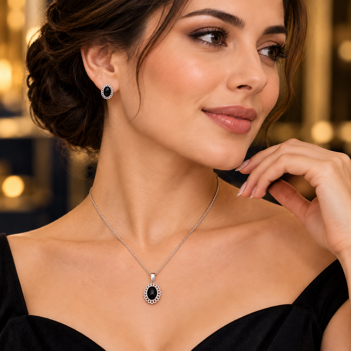 Real Onyx Pendant and Matching Earrings Set Solid Sterling Silver 925 18" Chain
