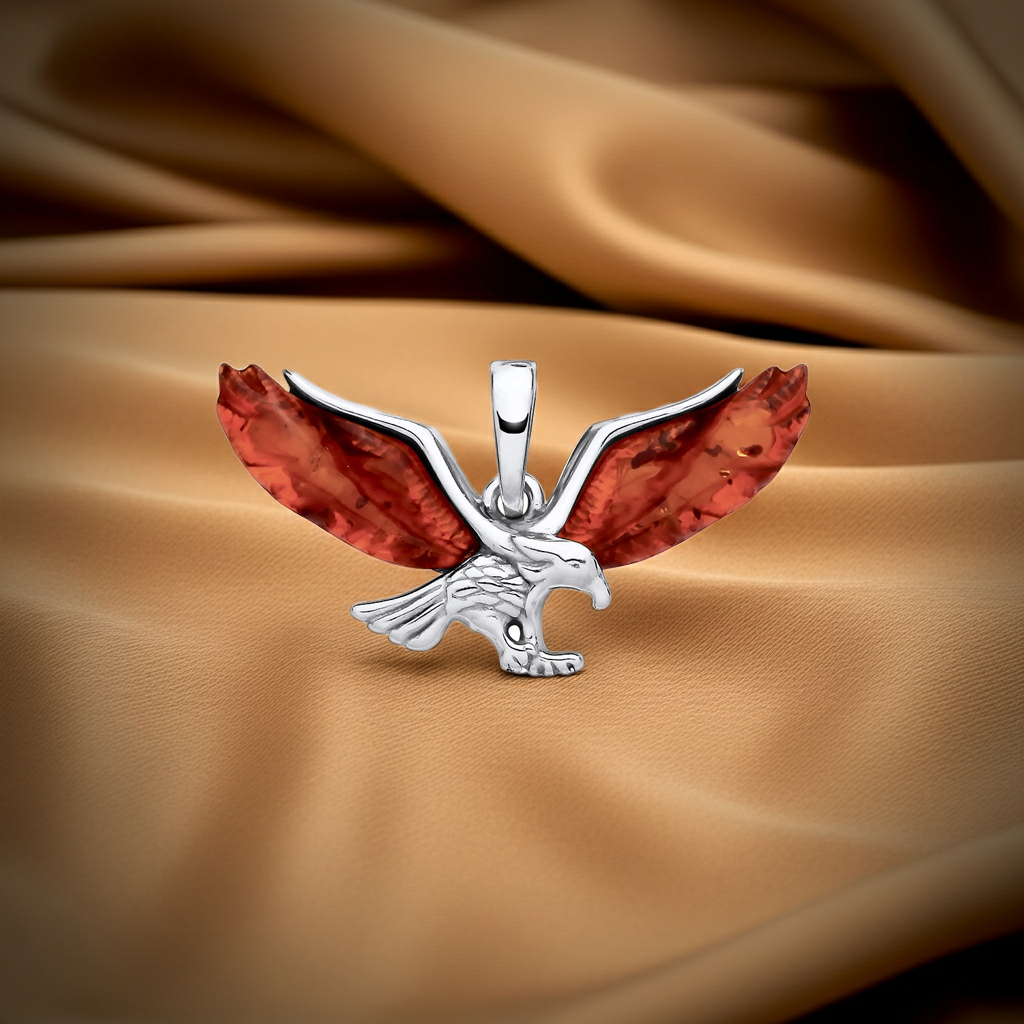 Natural Amber Eagle Pendant Solid Sterling Silver 925 Hallmark 18" Chain