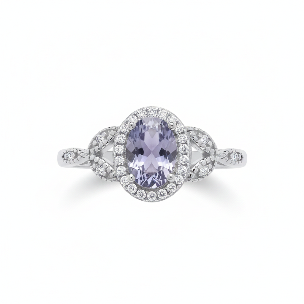 Sterling Silver Tanzanite Ring Vintage Style Oval Halo 925 Hallmark Size K-S