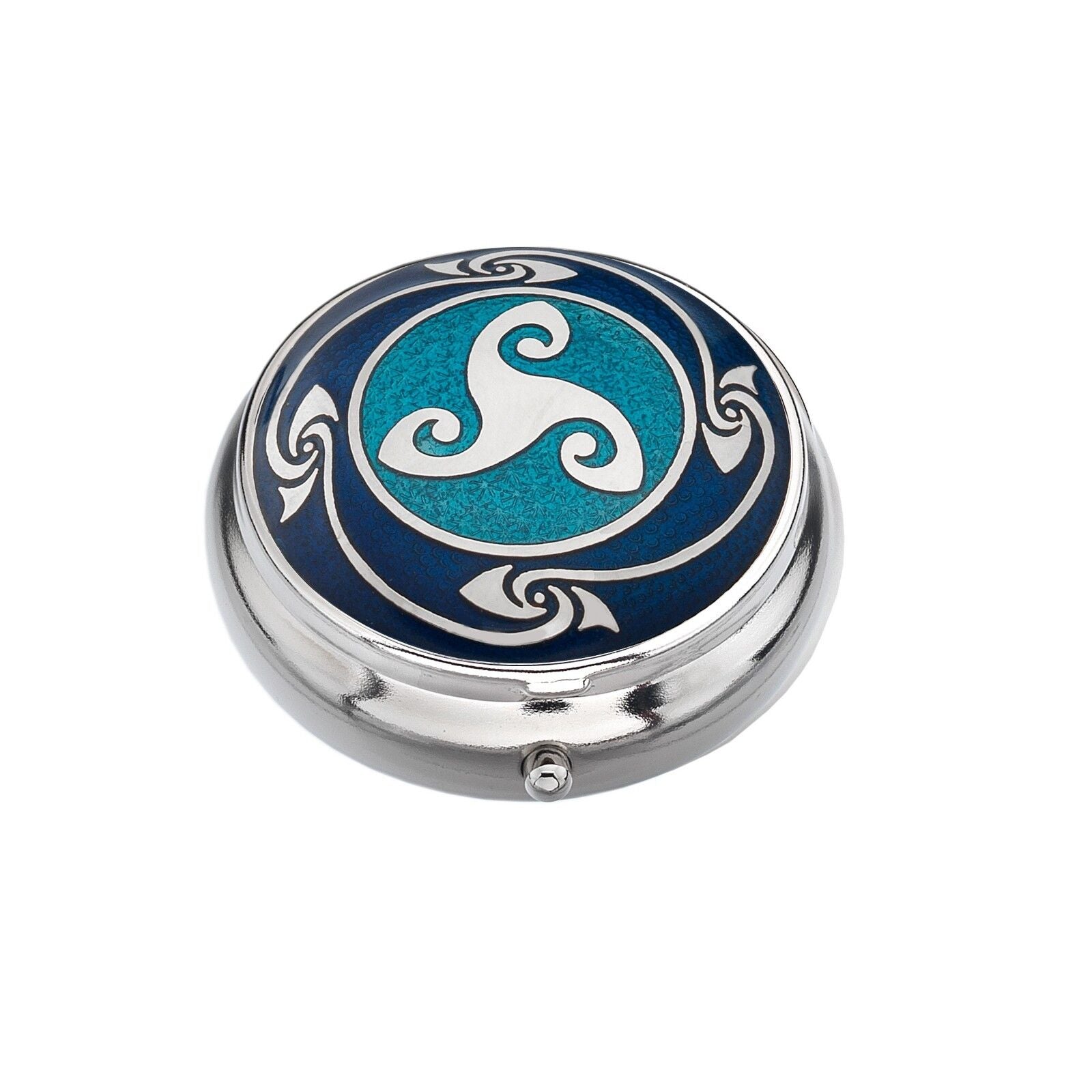 Pillbox Silver Plated Celtic Triskele Design Blue Brand New and Boxed