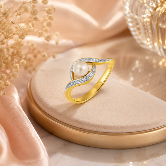 Elegant Yellow Gold Freshwater Pearl Swirl Ring with Sparkling Diamond Accents