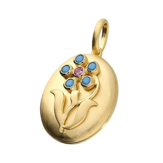 Oval Locket Turquoise and Pink Forget-Me-Knot 18ct Gold on Solid Sterling Silver