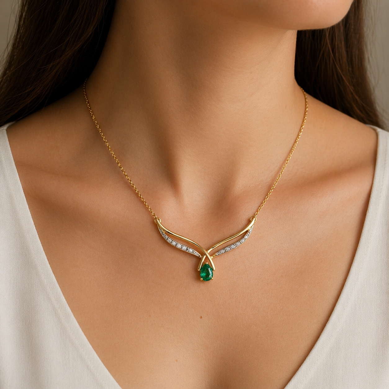 Natural Emerald Teardrop Necklace With Diamond Yellow Gold 16.5" 42cm Length
