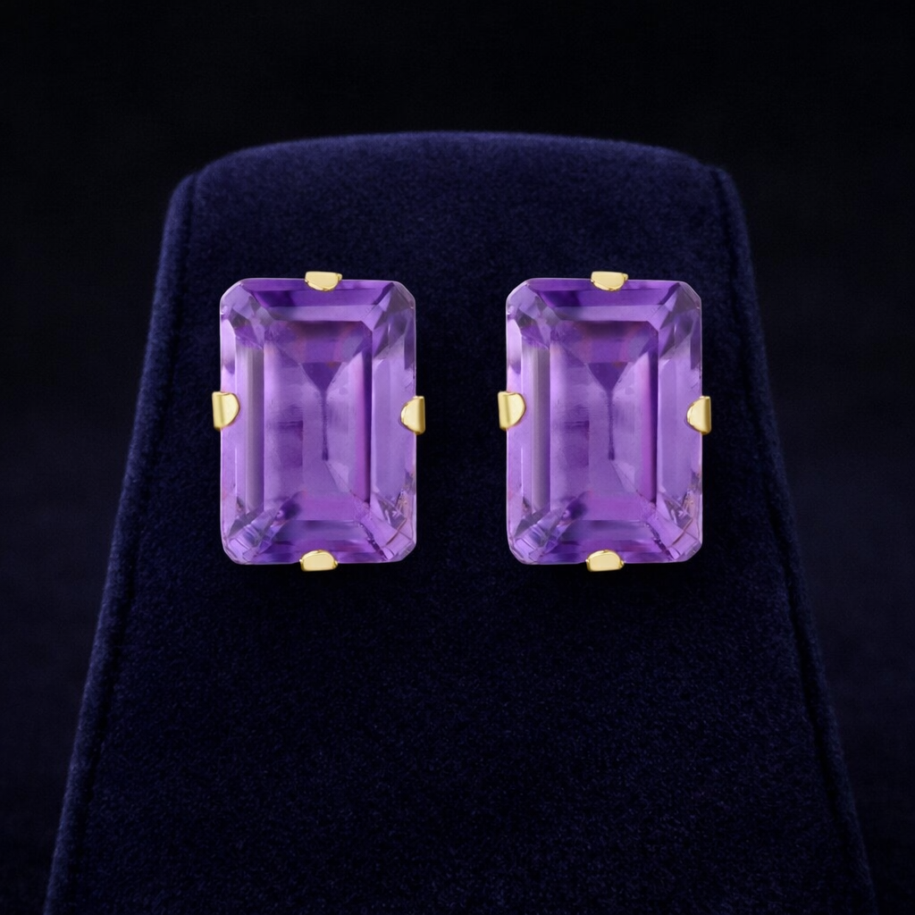 Natural Amethyst Solitaire Stud Earrings 9ct Yellow Gold Emerald Cut Hallmarked