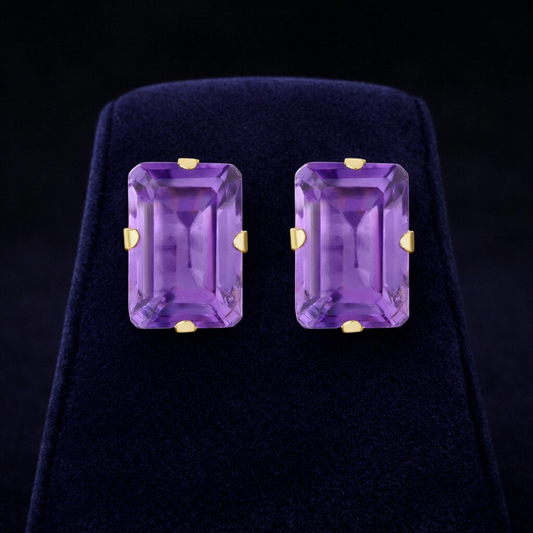 Natural Amethyst Solitaire Stud Earrings 9ct Yellow Gold Emerald Cut Hallmarked