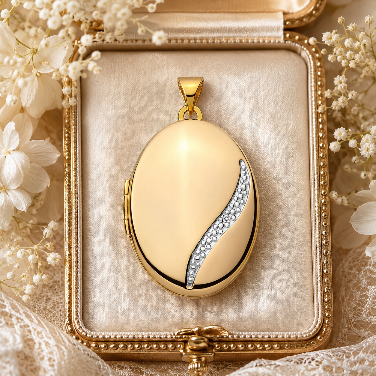 Elegant Gold Oval Locket Pendant with Natural Diamond on Solid Silver 18" Chain
