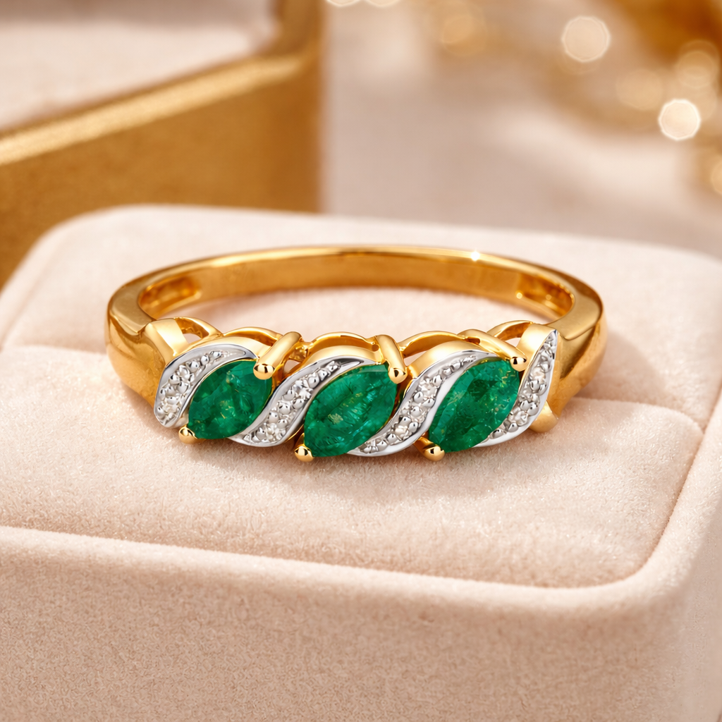 Emerald and Diamond Ring 9ct Yellow Gold Hallmarked Three Stone Marquise Trilogy