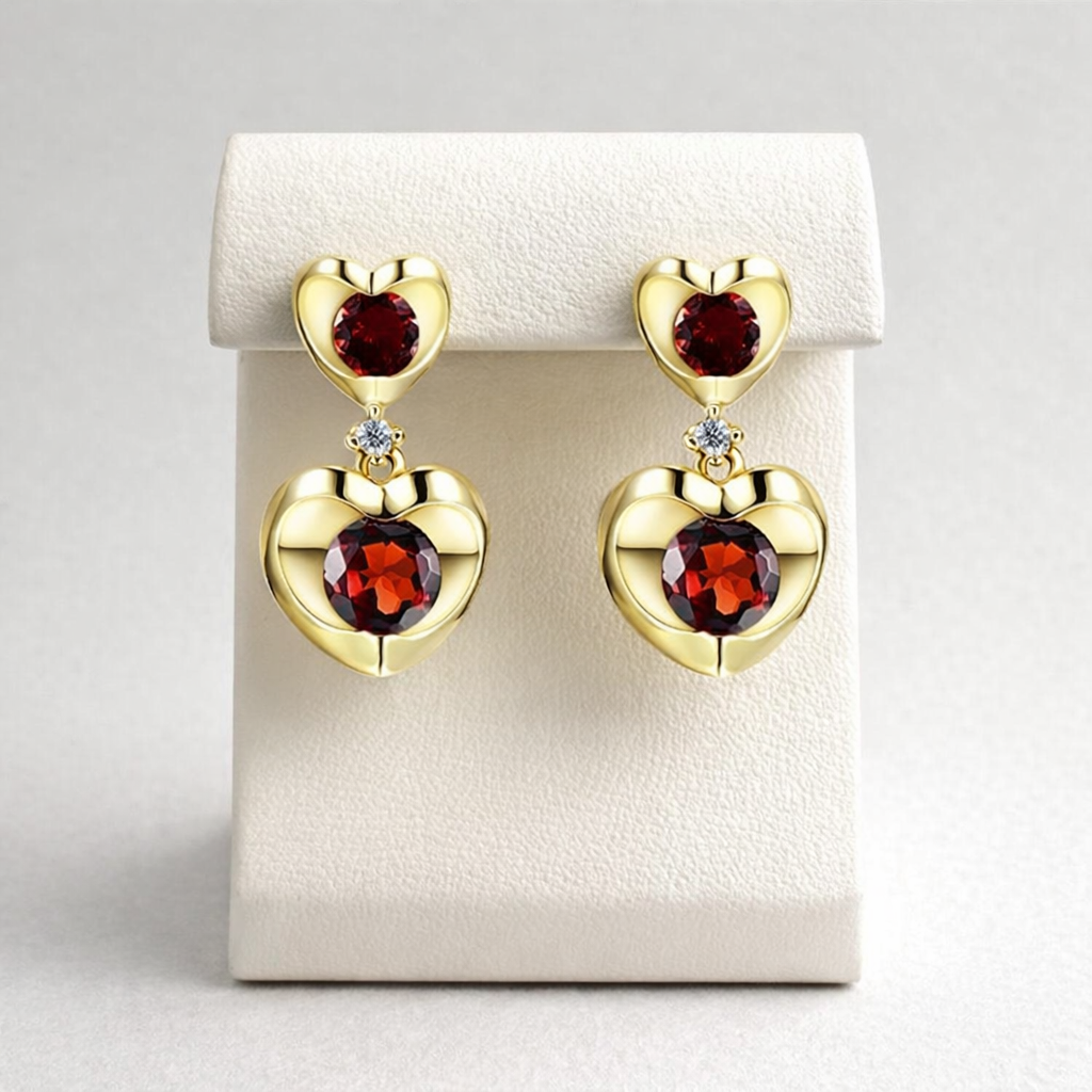 Garnet and Diamond Heart Earrings Solid 9ct Yellow Gold Drop Hallmarked