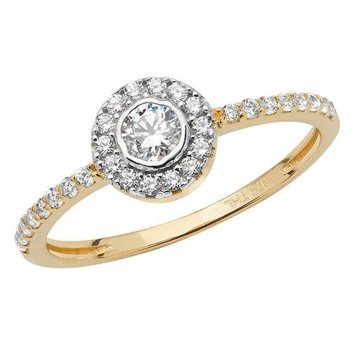 Ladies Round Halo Cluster Ring Shoulder Gems 9ct Yellow Gold Size J-S Hallmarked