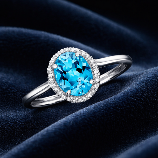 Real Swiss Blue Topaz and Diamond Ring Solid White Gold Oval Cluster Size J - Q