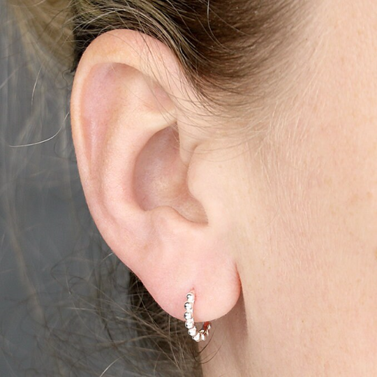 Silver Beaded Hoop Earrings 13mm Solid .925 Sterling Silver Handmade
