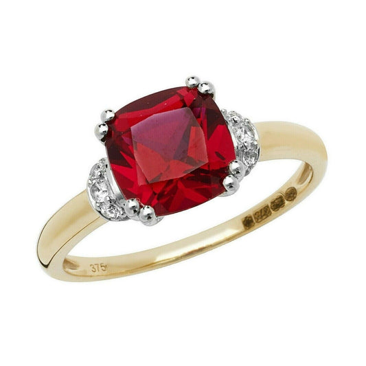 Yellow Gold Ruby Ring Solitaire Cushion White Sapphire Engagement Hallmarked