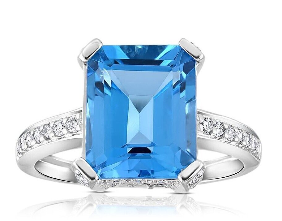 9ct White Gold  0.42ct Diamond and 4.40ct Blue Topaz Ring Statement Engagement