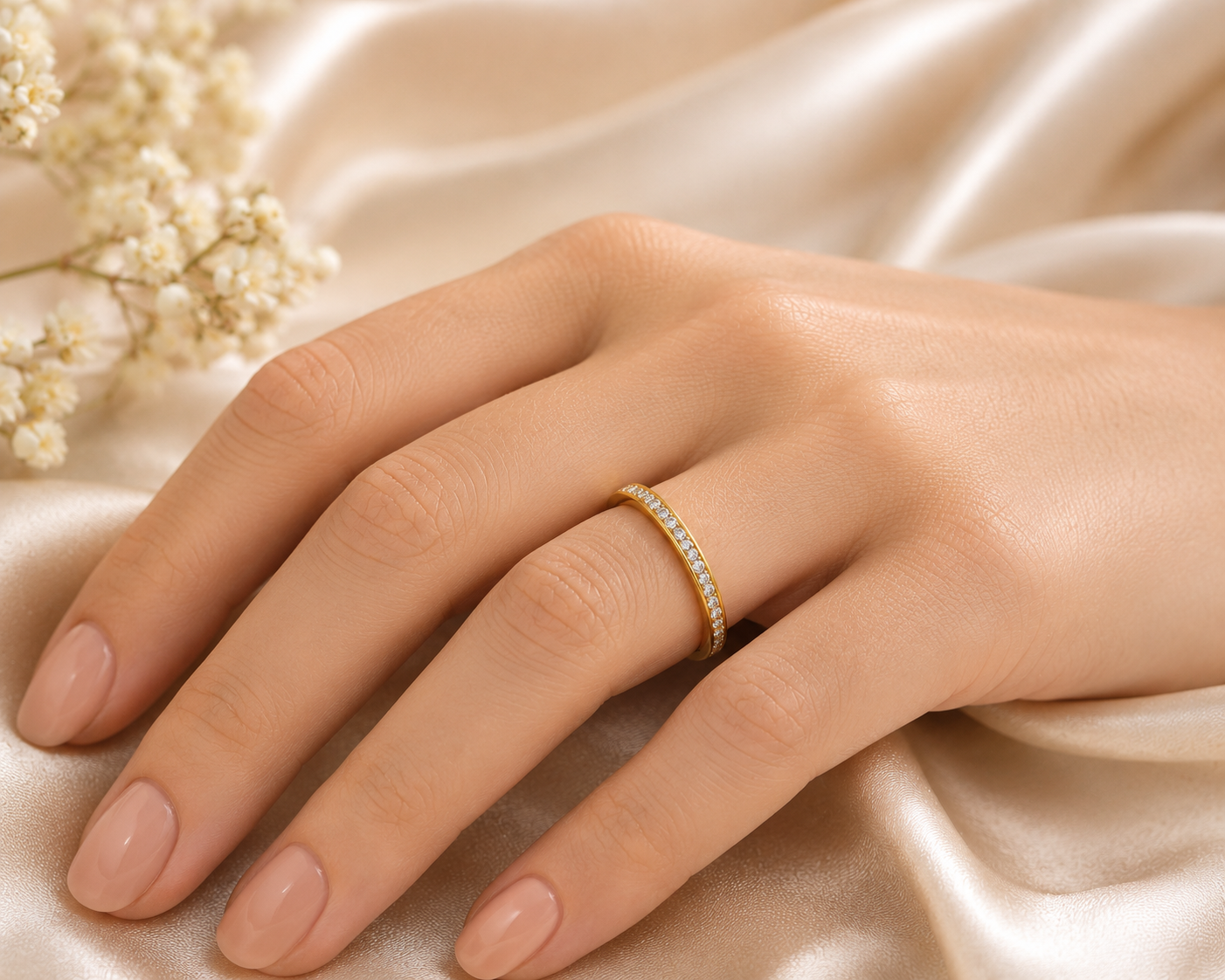 Elegant Diamond Full Eternity Band in 18t Gold on Sterling Silver Channel-Set