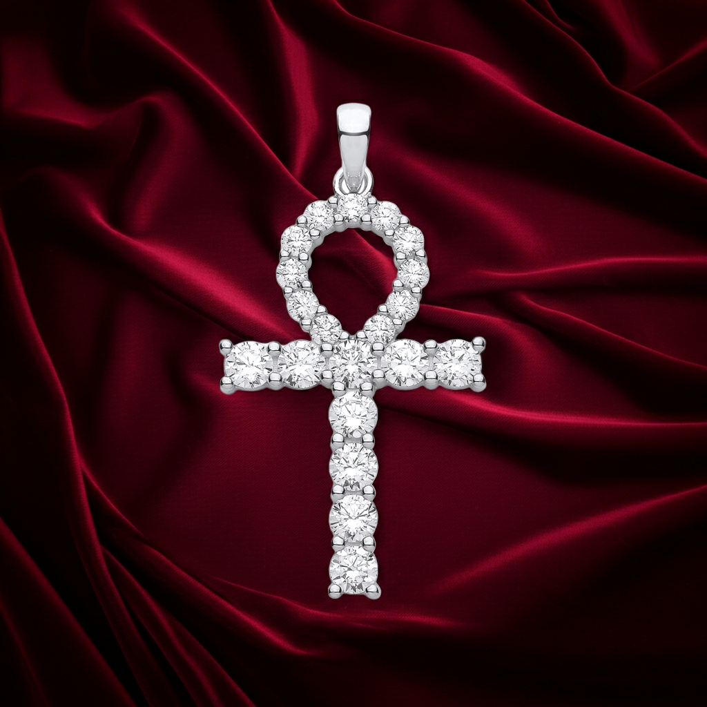 Sterling Silver Gemstone Ankh Cross Pendant 925 Hallmark 37mm Rhodium Finish
