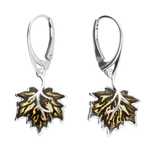 Gorgeous Amber Maple Leaf Drop Earrings Solid Sterling Silver 925 Hallmark