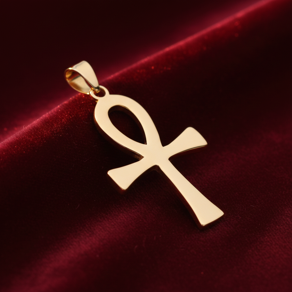 18ct Gold Ankh Cross Pendant on Solid Sterling Silver 925 Hallmark 46mm